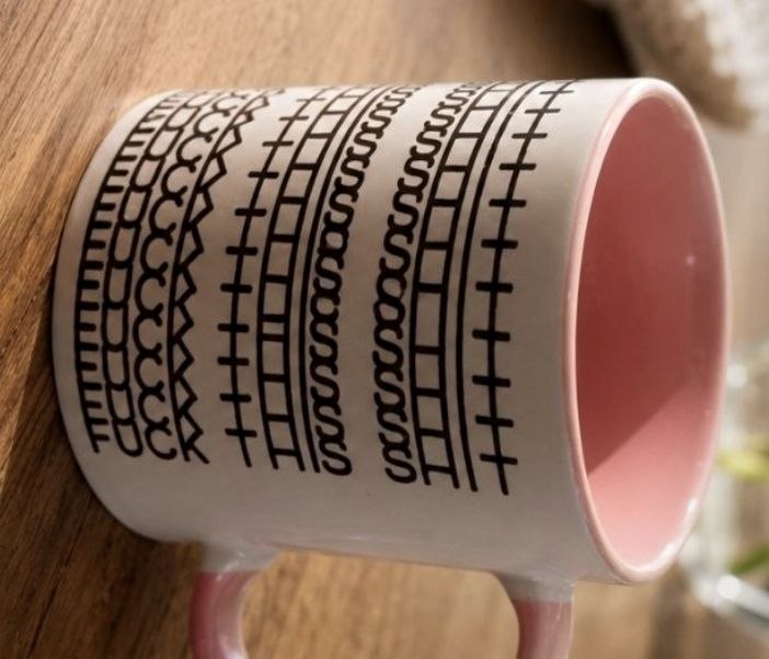 Gros plan authentique de la tasse montrant la phrase FUCK THIS SHIT dissimulée dans les motifs graphiques
